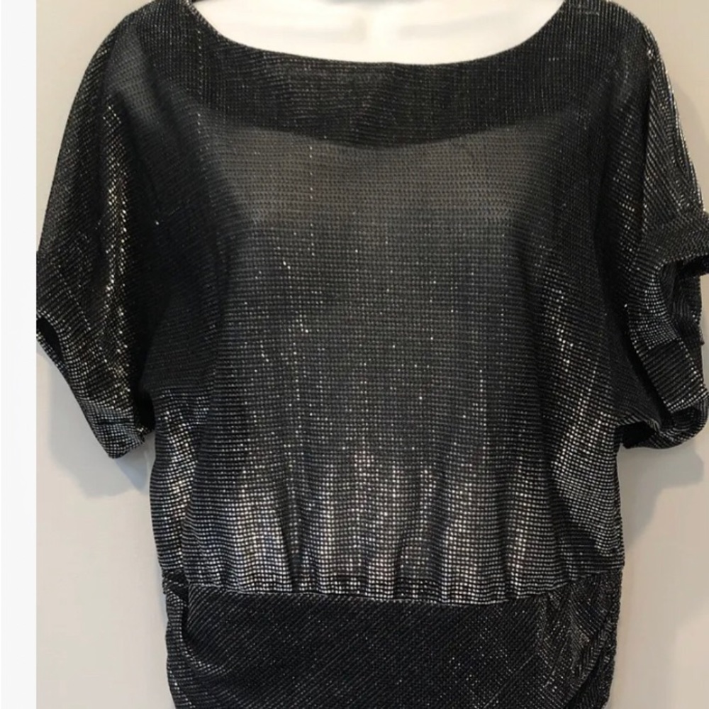 Vintage 1990's Sparkle Shiny Flash Dance Semi Sheer Shirt Top Small Black Silver